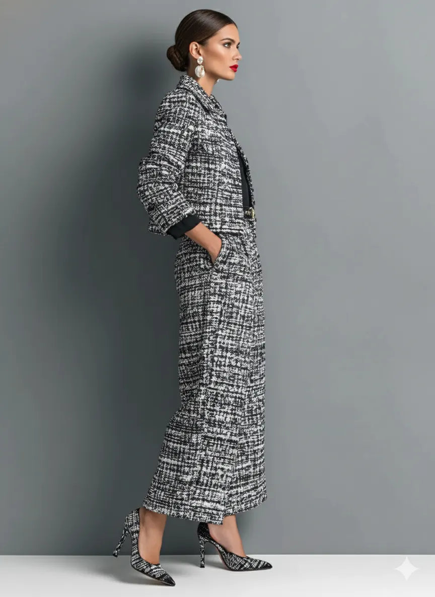 Women's Tweed Blend Single-Breasted Cropped Jacket And Wide-Leg Pants Set MDA2589H6Y