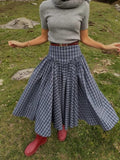 Navy Plaid High-Waist A-Line Skirt