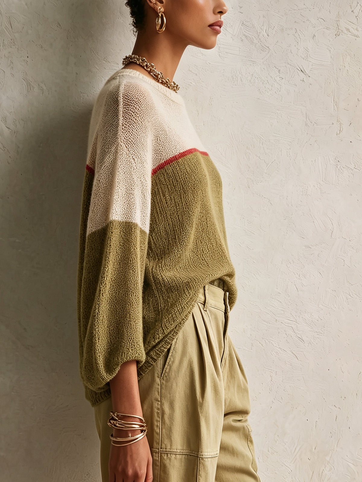 Olive Colorblock Lightweight Knit Sweater