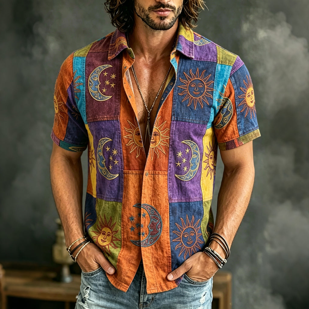Men's Vintage Hippie Sun Moon Geometric Patchwork Art Short Sleeve Shirt