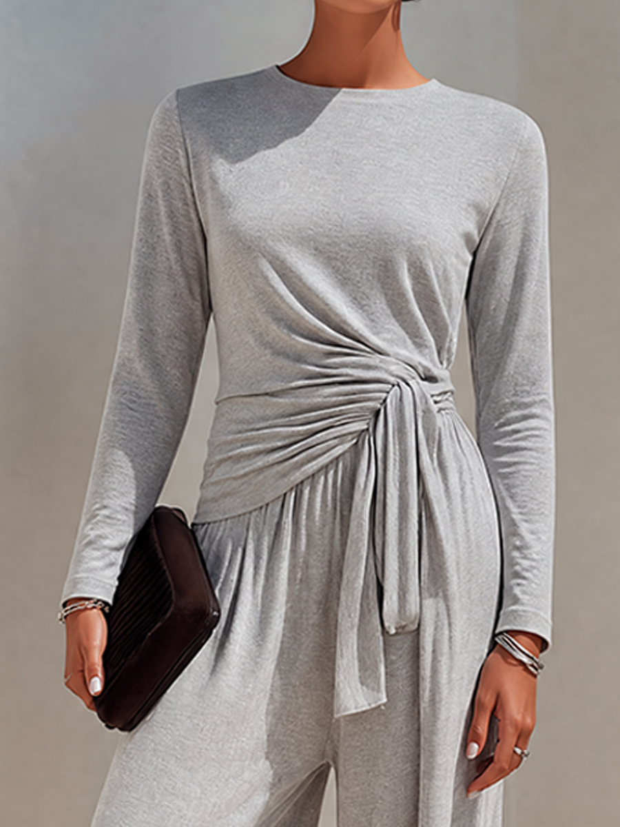 Women's Soft Light Grey Cotton-Blend Long-Sleeve Wrap Top & Wide-Leg Pants Set MDZ2286G0ZRK