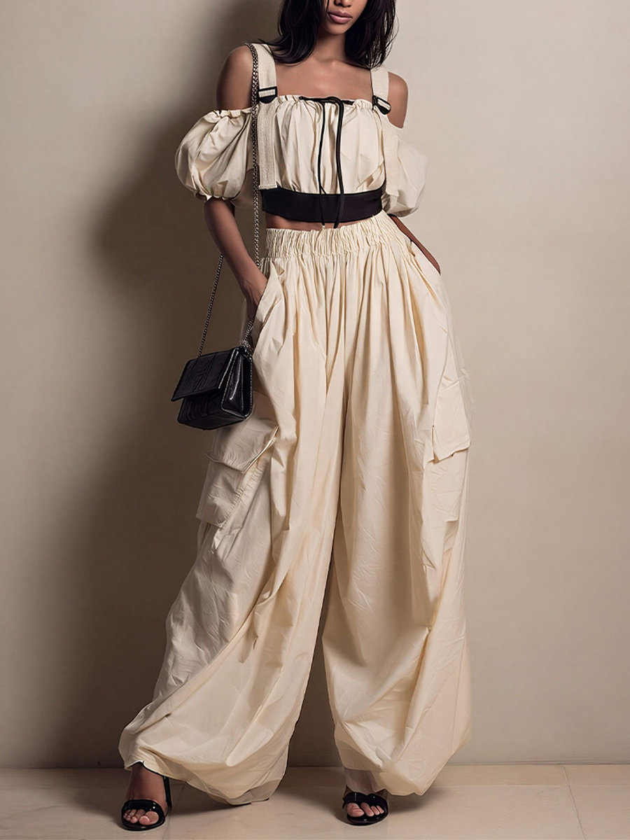 Women's Cream Cotton-Blend Wide-Leg Cargo Pants With Elastic Waist & Pockets, Timeless Utility-Chic Trousers MDZ2542D6LYL