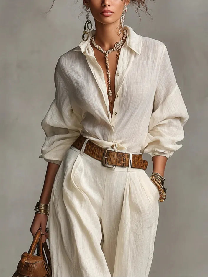 Cream-colored Loose-fitting Shirt And Wide-leg Pants Two-piece Set(with belt)