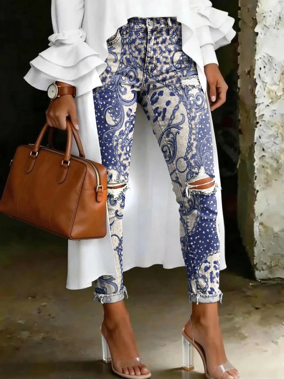 Women's Fashion Ombré Leopard-print Floral Artistic-print Casual Skinny Ripped Jeans