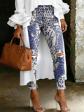 Women's Fashion Ethnic Floral And Leopard Print Artistic Print Casual Skinny Ripped Jeans