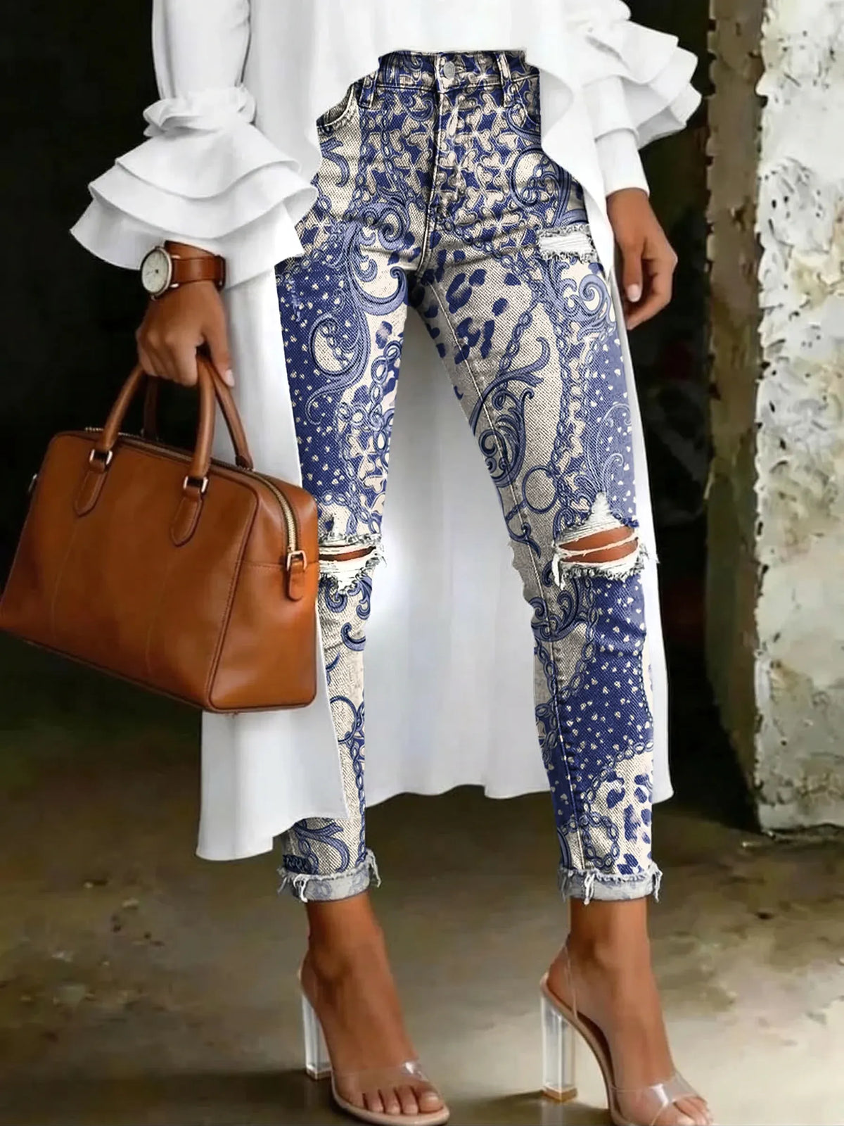 Women's Fashion Ethnic Floral And Leopard Print Artistic Print Casual Skinny Ripped Jeans