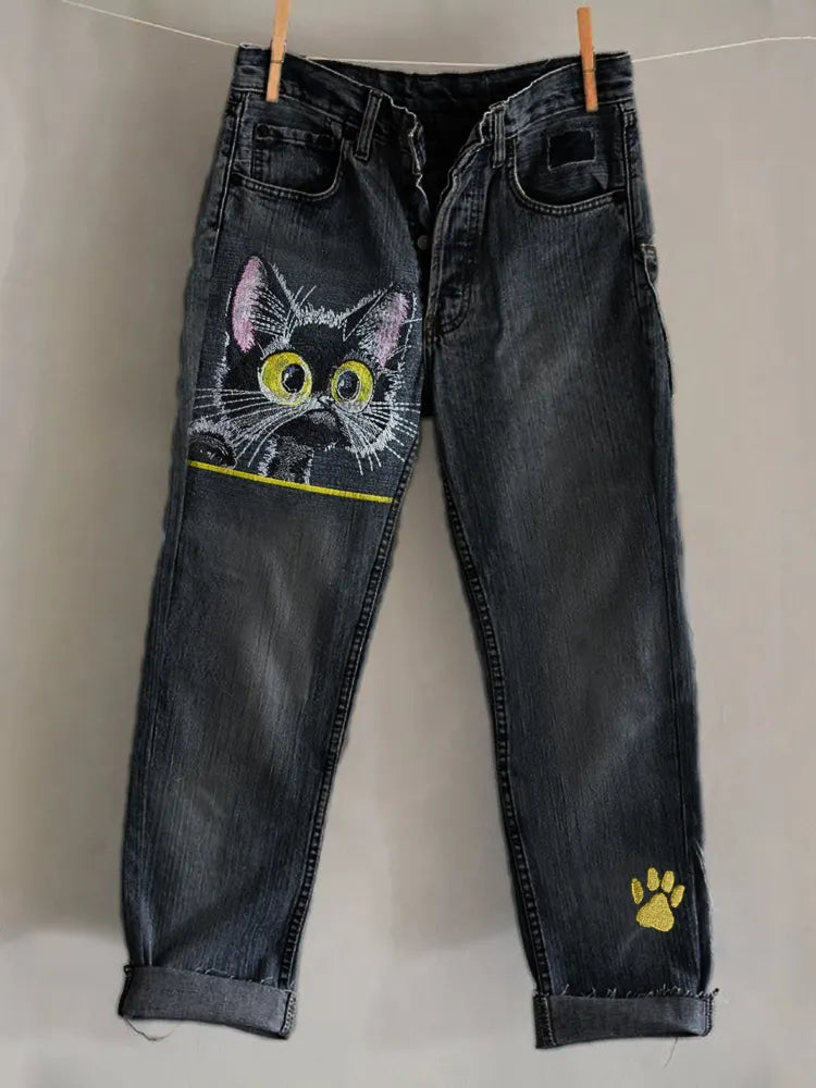 Lovely Black Cat Paw Print Embroidered Washed Jeans