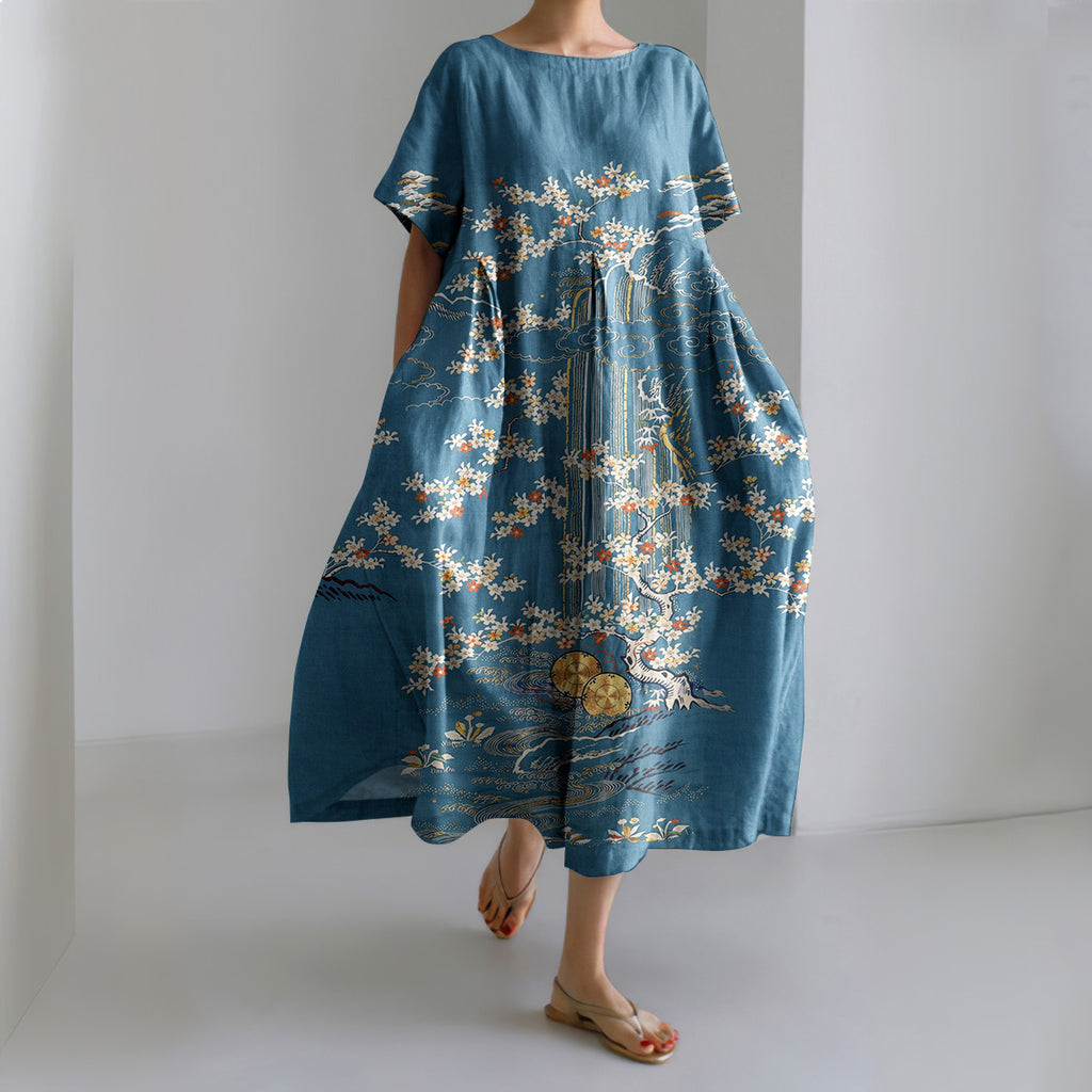 Women's Vintage Japanese Flower Art Short Sleeve Midi Dress