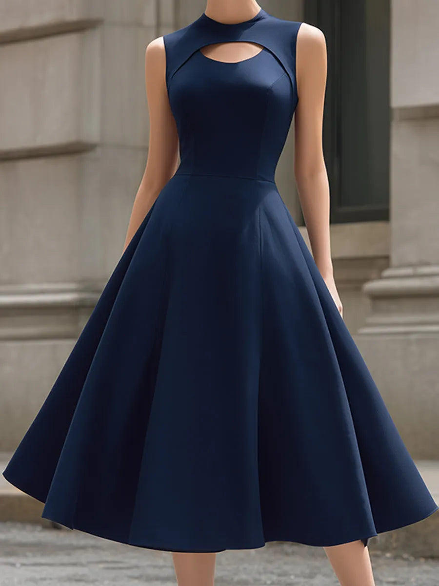 High Neck Cutout Sleeveless Structured A-Line Midi Dress