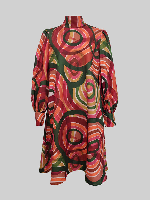 A-Line Long Sleeves Contrast Color High Neck Midi Dresses
