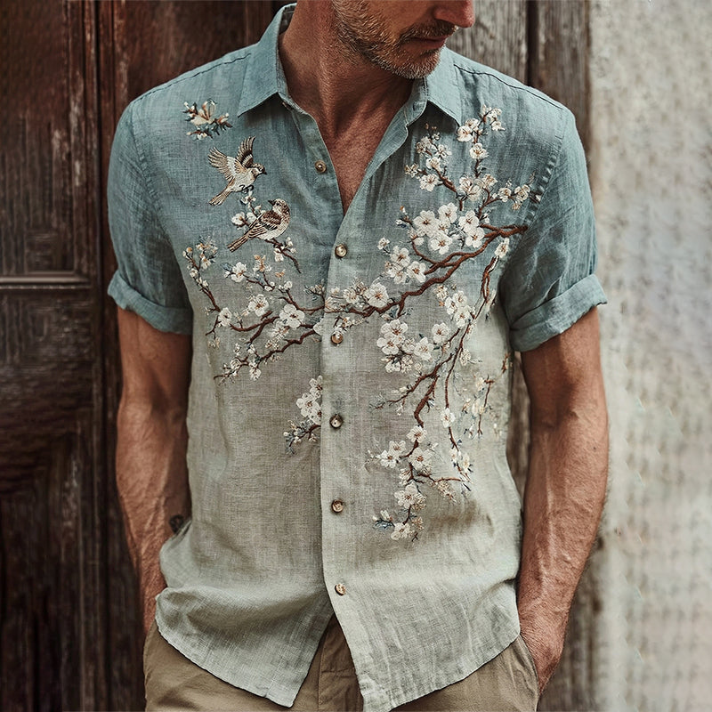 Men's Japanese Cherry Blossom And Bird Art Pattern Short Sleeve Shirt
