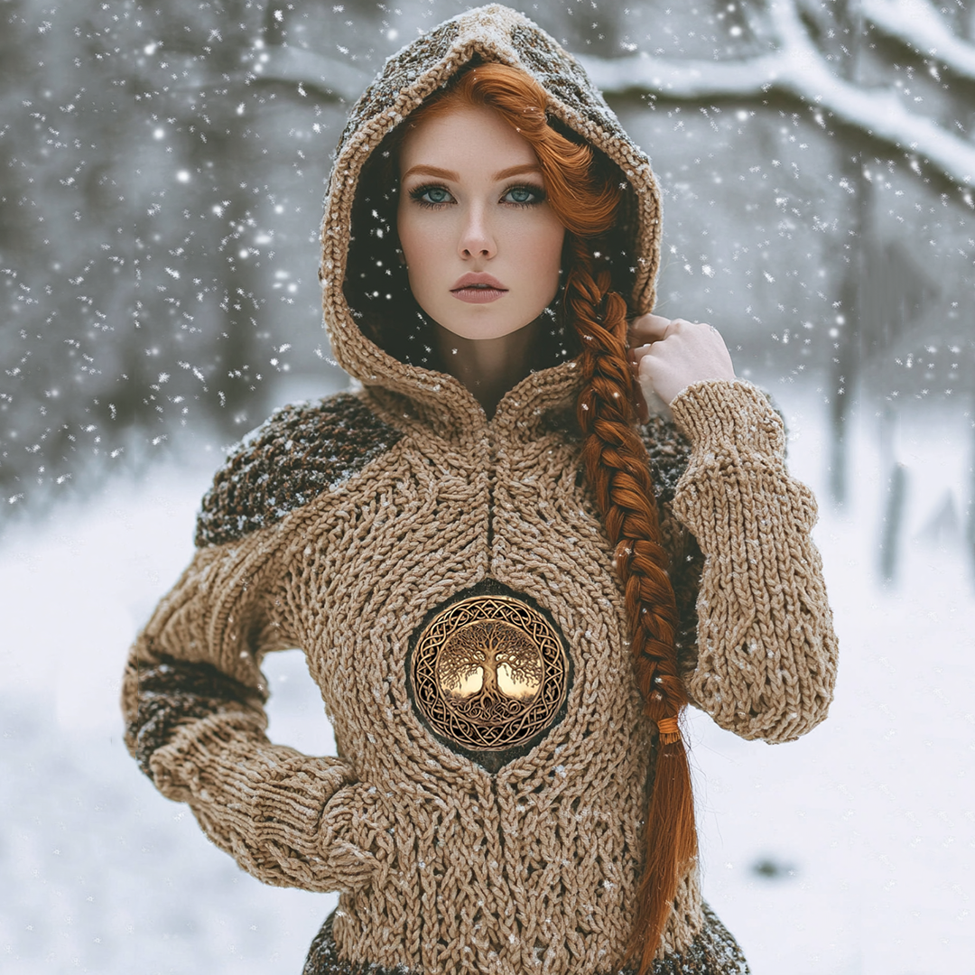 Vintage Viking Tribal Tree Of Life Jacquard Celtic Knit Hooded Sweater