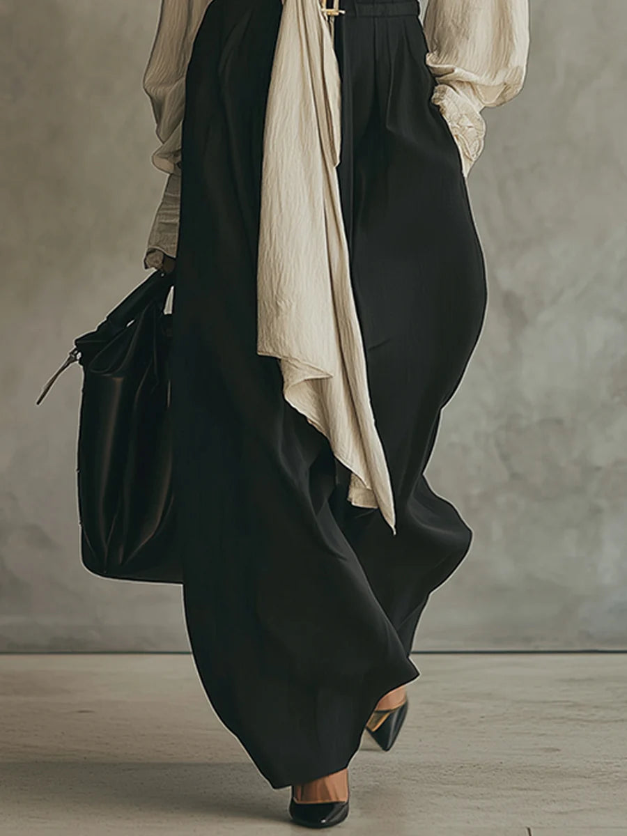 Beige lace-up shirt and black trousers set
