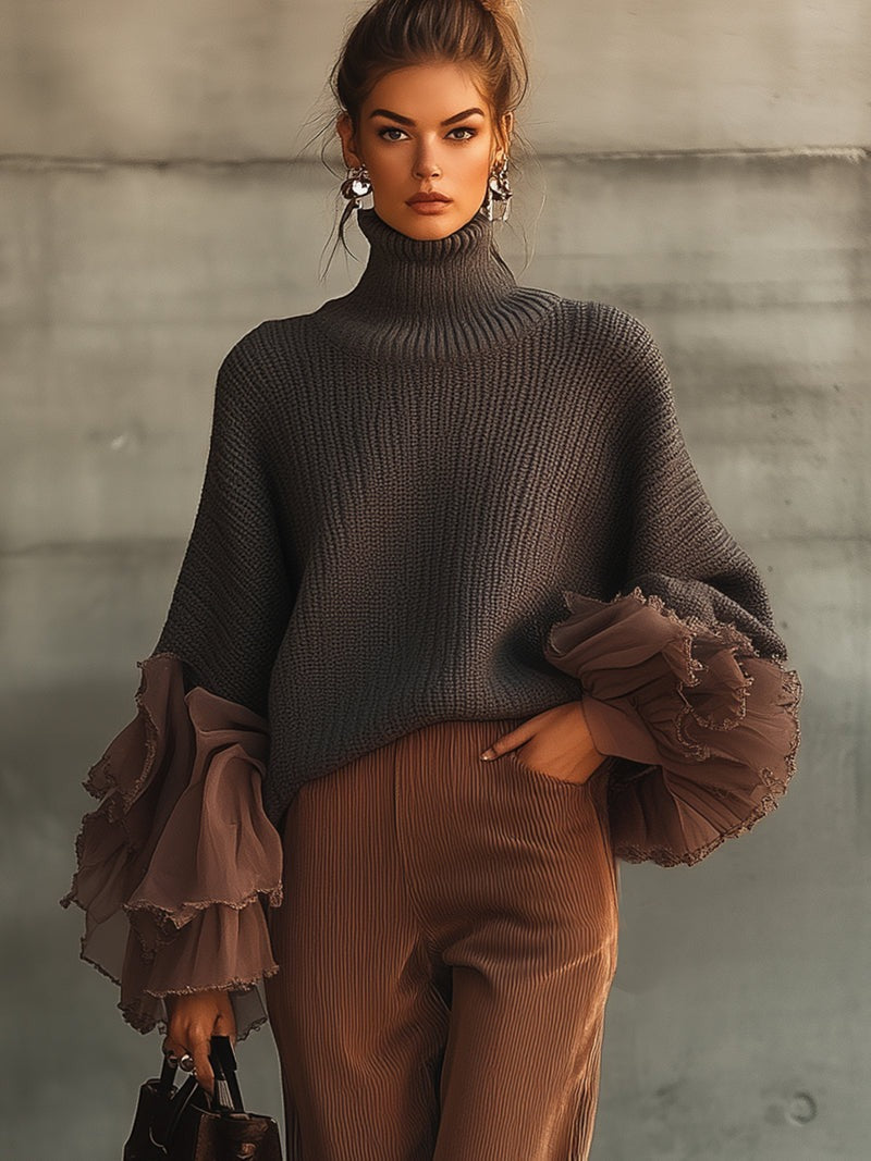 Gray Ruffle Sleeve Turtleneck Sweater