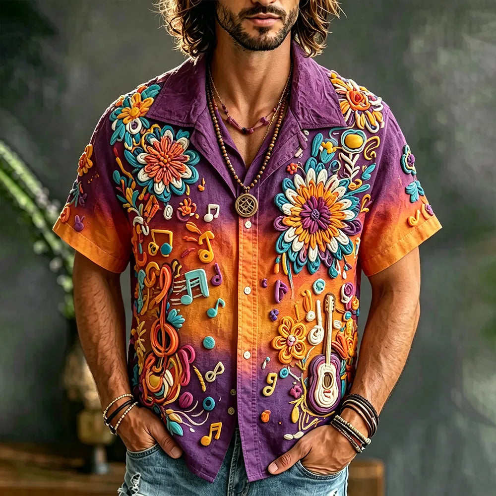 3d Textured Floral & Music Note Embroidery Button Down Shirt, Retro Boho Gradient Color Short Sleeve Camp Shirt For Men