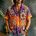 3d Textured Floral & Music Note Embroidery Button Down Shirt, Retro Boho Gradient Color Short Sleeve Camp Shirt For Men