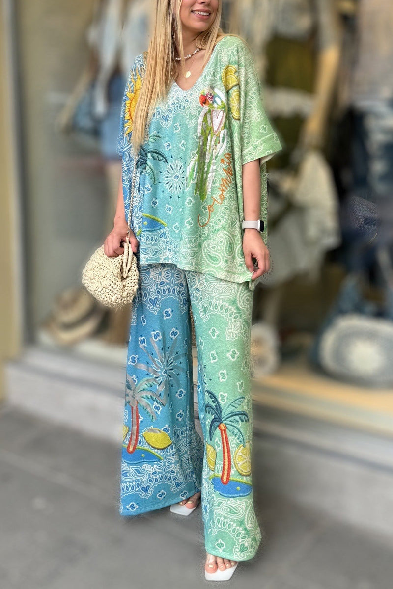 Women V-neck Gradient Printed Loose Casual Suit