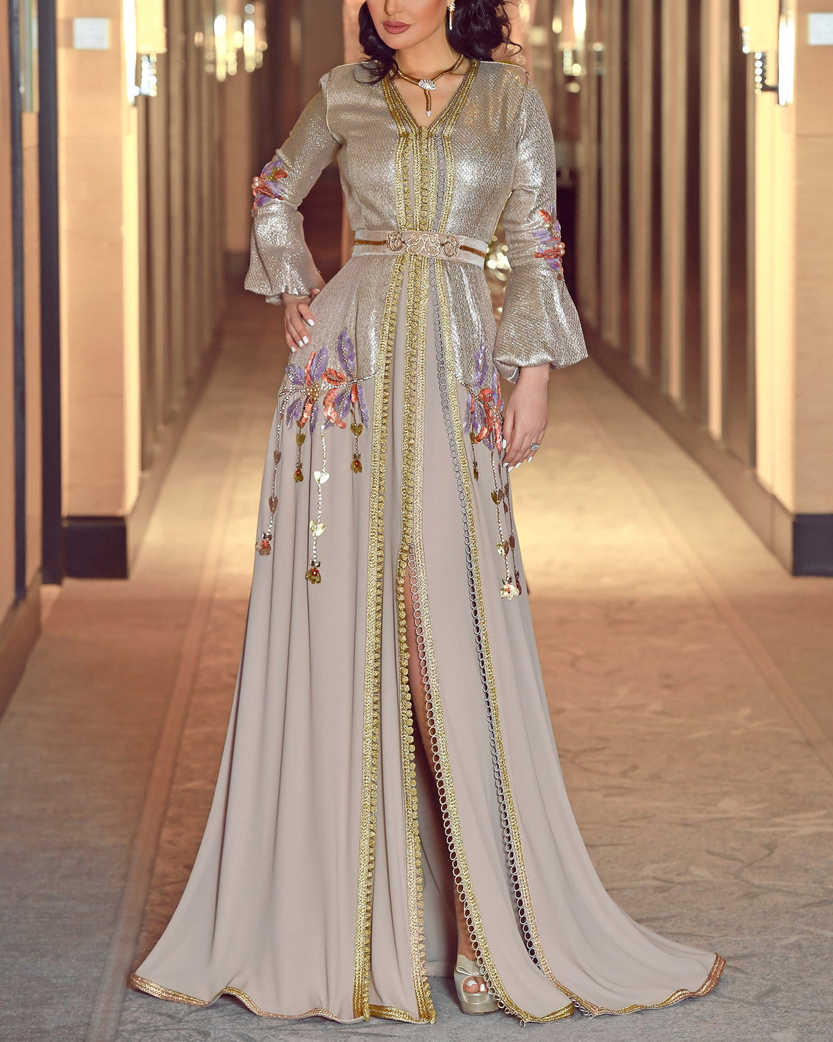 Women's V Neck Embroidered Slit Kaftan Dress