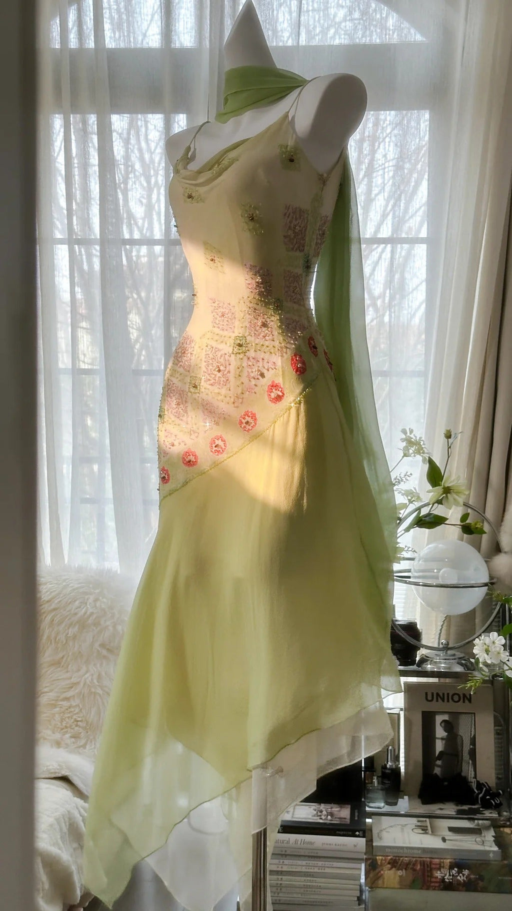 Green Elegant Romantic Delicate Floral Beading Spaetti Strap Long Chiffon Homecoming Ball Gown Evening Dress Birthday/Wedding Guest/Holiday Party Dress Prom Dress 4024