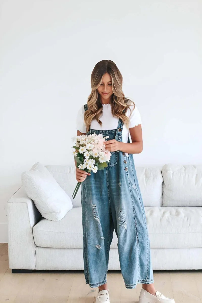 Women's Casual Adjustable Straps Denim Bib Overalls Distressed Ripped Wide Leg Jeans Long Pants Jumpsuits