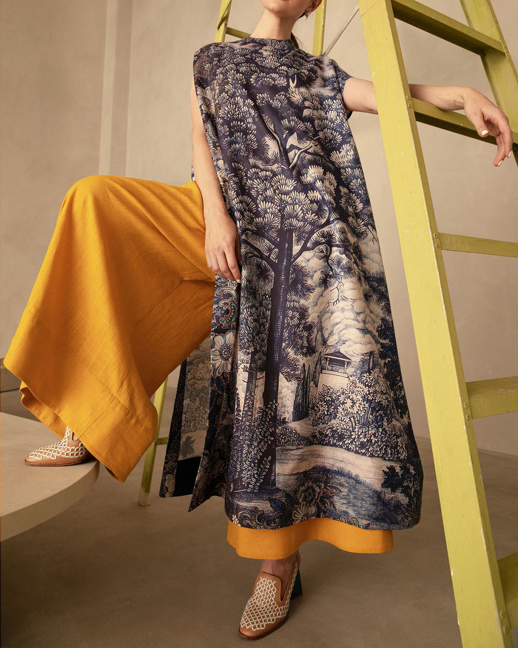 Navy Blue Printed Linen Long Dress And Pants Set