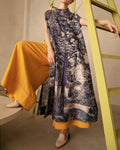 Navy Blue Printed Linen Long Dress And Pants Set