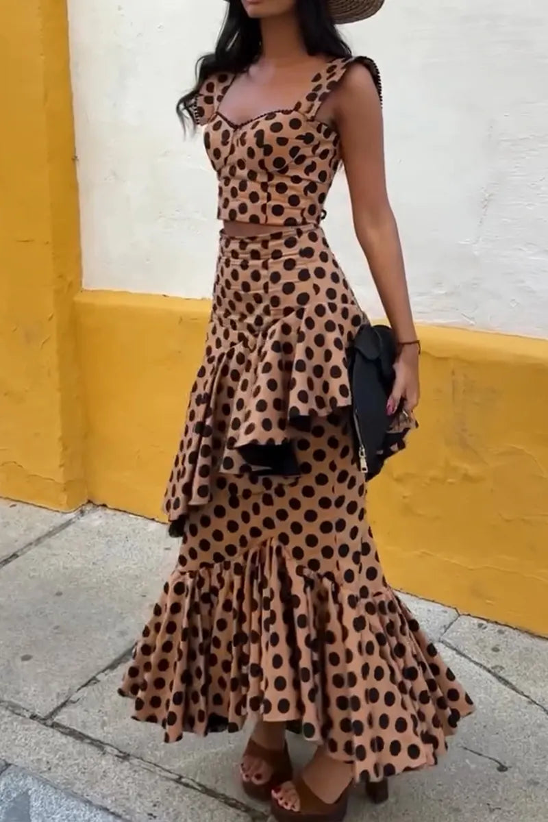 Women's Elegant Asymmetric Flounce Hem Polka Dot Skirt Set