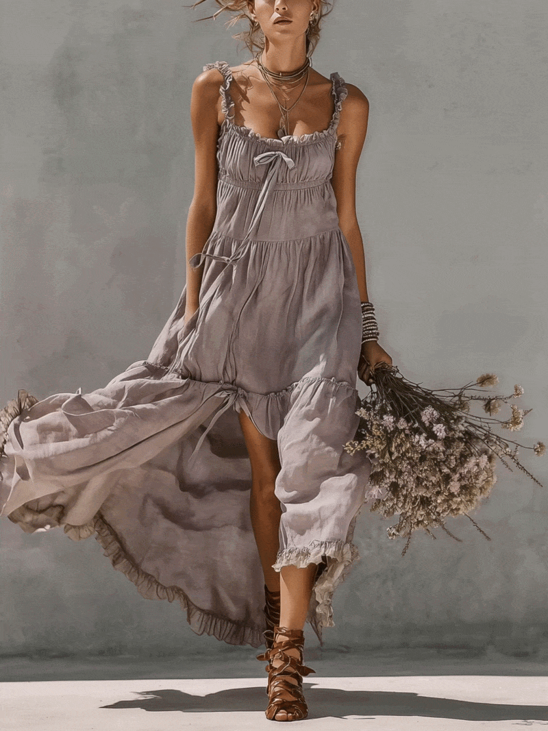 Purple Lace Trimmed Linen Maxi Dress