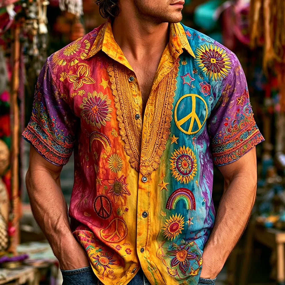 Men's Hippie Peace Symbol And Floral Art Tie-dye Casual Loose Shirt