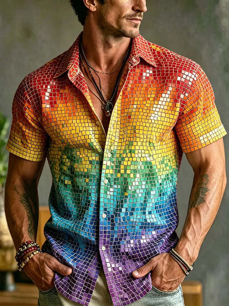 Rainbow Disco Mosaic Sequin Short Sleeve Button Up Shirt For Men, Gradient Shiny Glitter Retro Party Club Casual Top