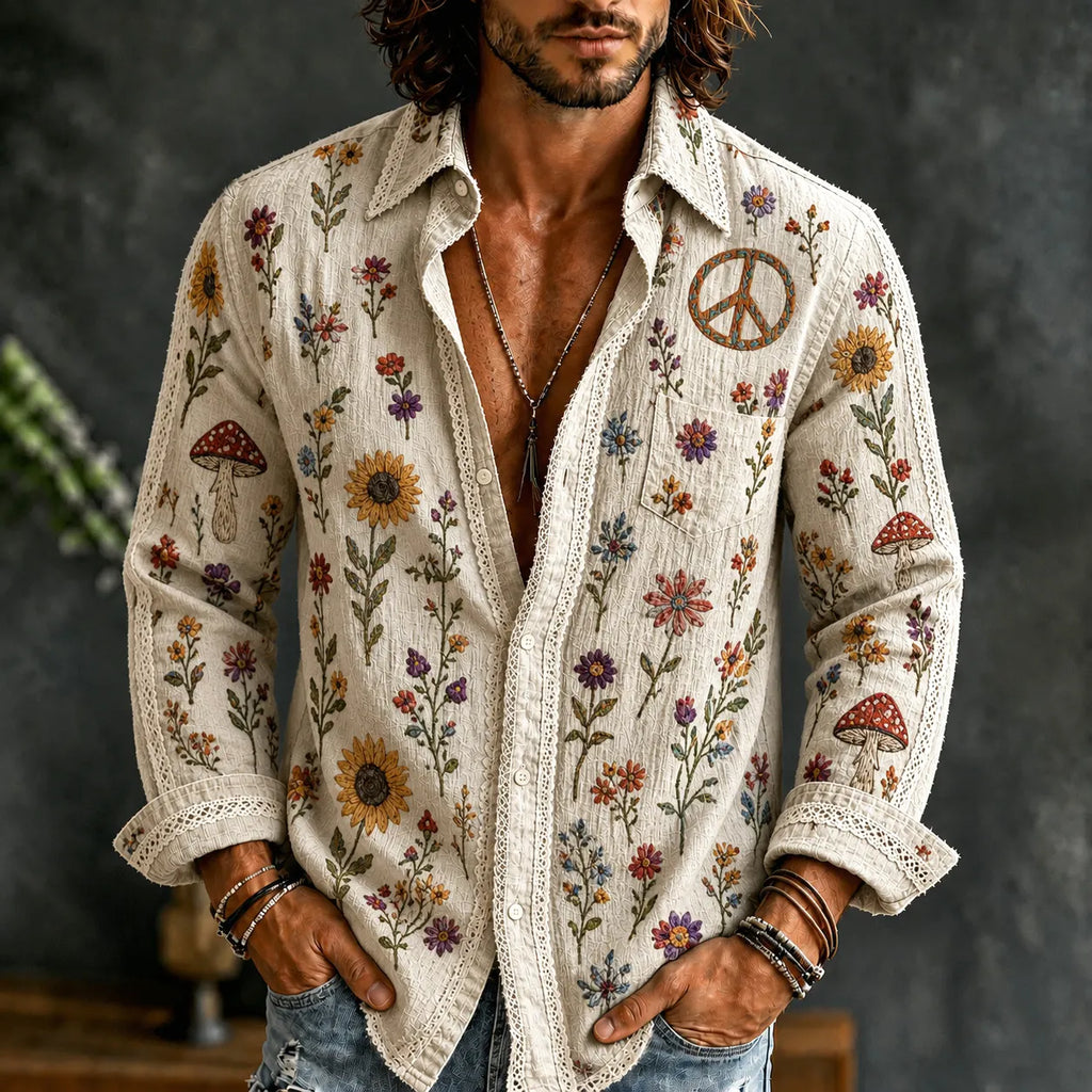Men's Bohemian Floral Patterns Hippie Art Casual Long Sleeve Linen Shirt
