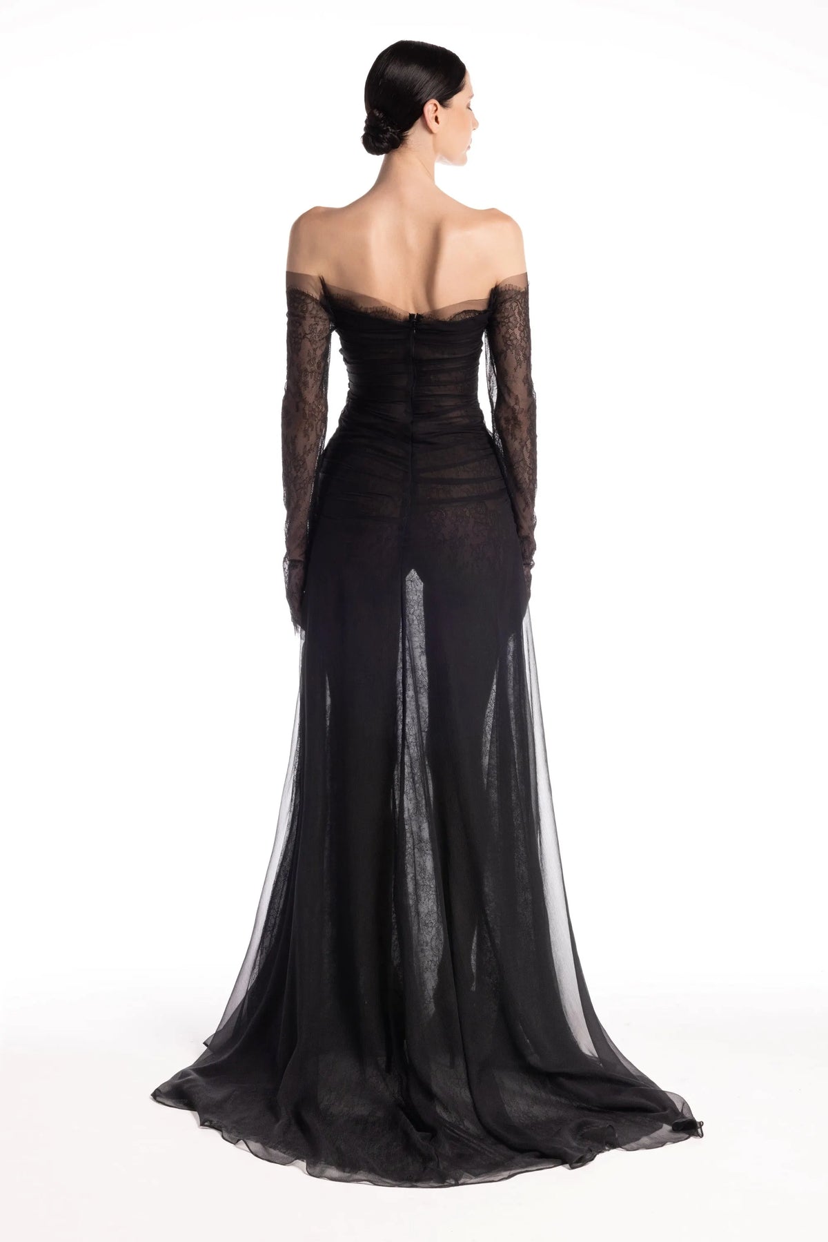LOOK 1 Off-Shoulder Charcoal Black Chantilly Lace and Chiffon Dress