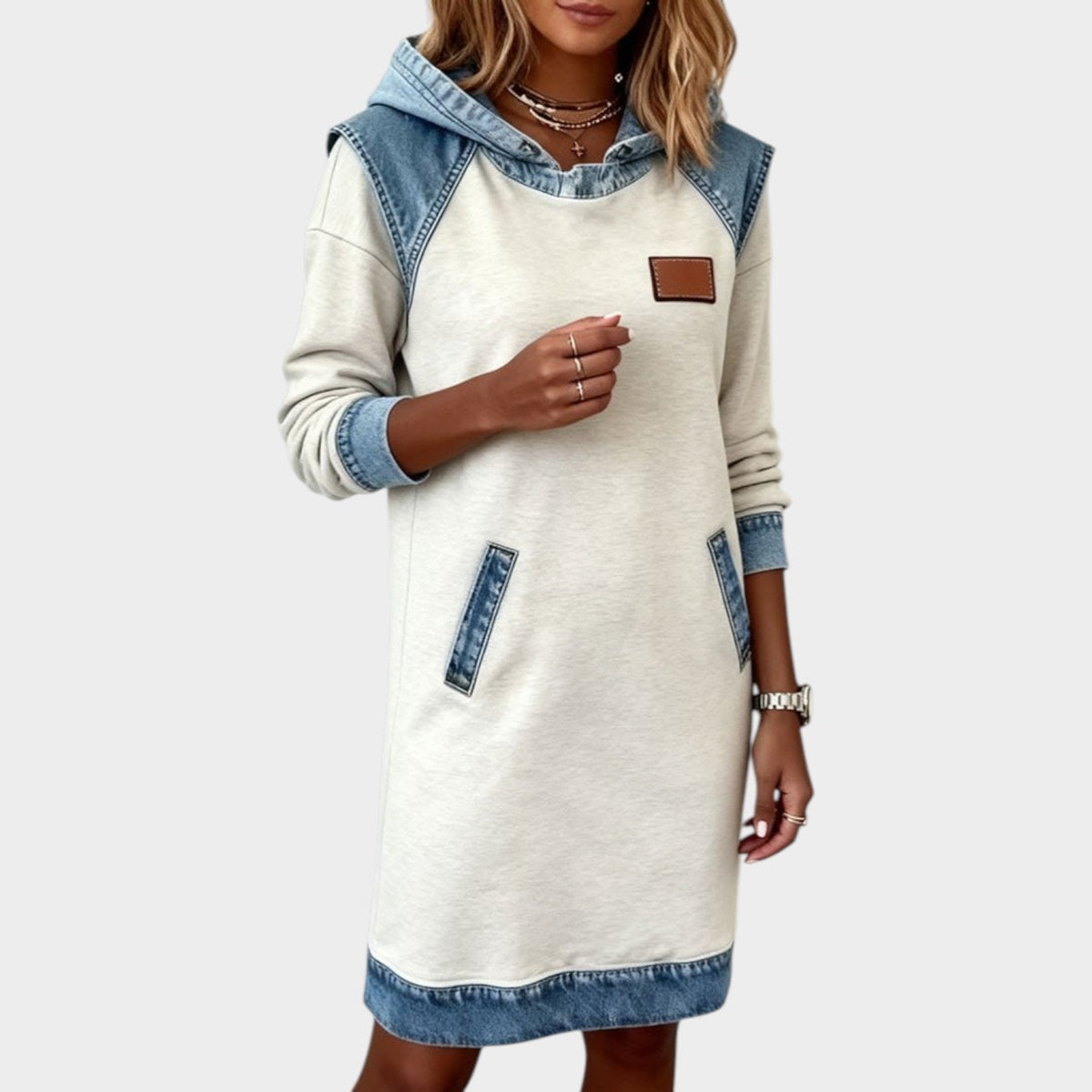 Casual Denim Trim Hoodie Dress