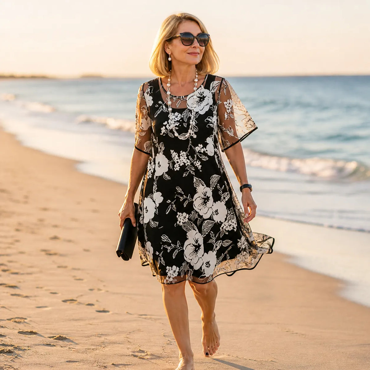 Solenya – Women's Floral Chiffon Dress with Sheer Overlay