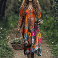 Women's Vintage Floral Patchwork V Neck Midi Dress