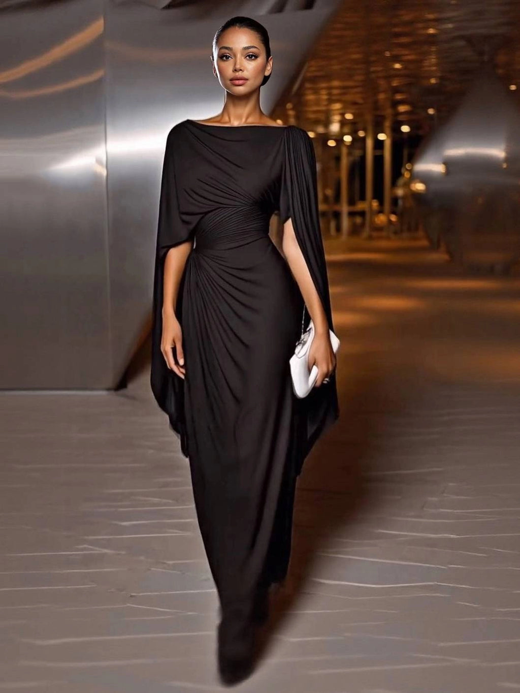 Draped Cape Sleeve Ruched Waist Bodycon Maxi Dress