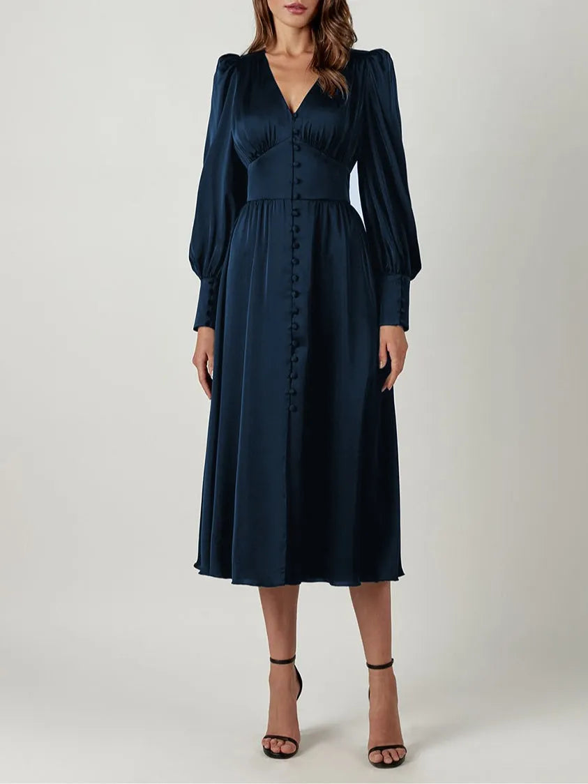 Satin Solid Balloon Sleeve V Neck Midi Dress