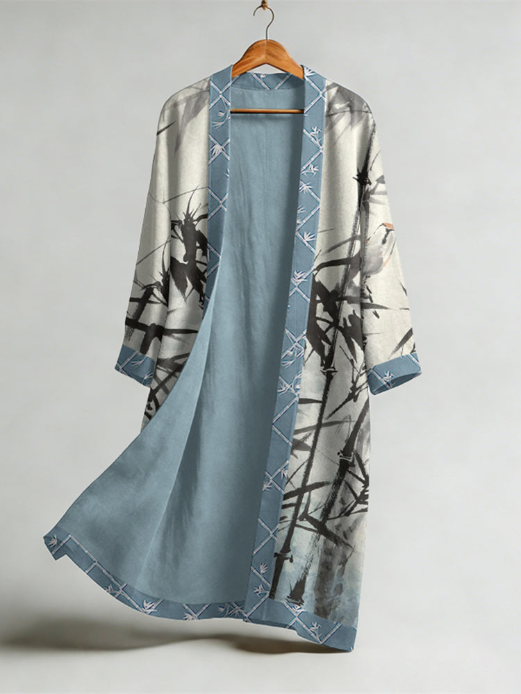 Men's Retro Ink Bamboo Art Print Linen Long Kimono