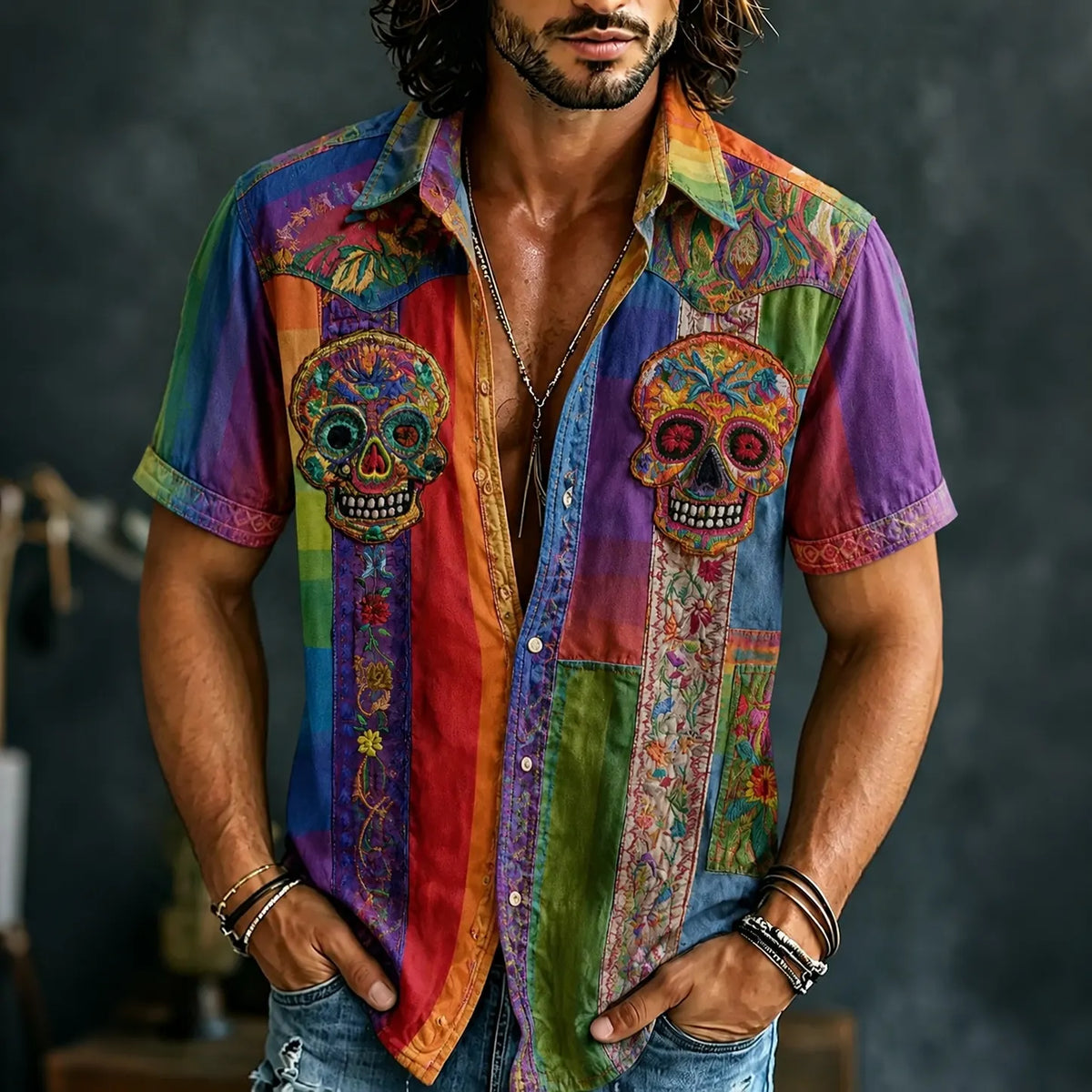 Men's Retro Hippie Skull Patchwork Print Short-sleeve Shirt