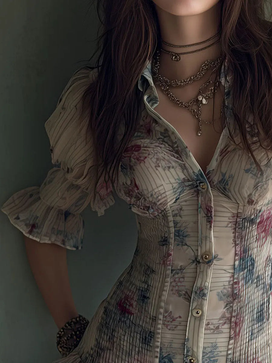 Retro Shirred Waist Floral Pattern Chiffon Mini Dress