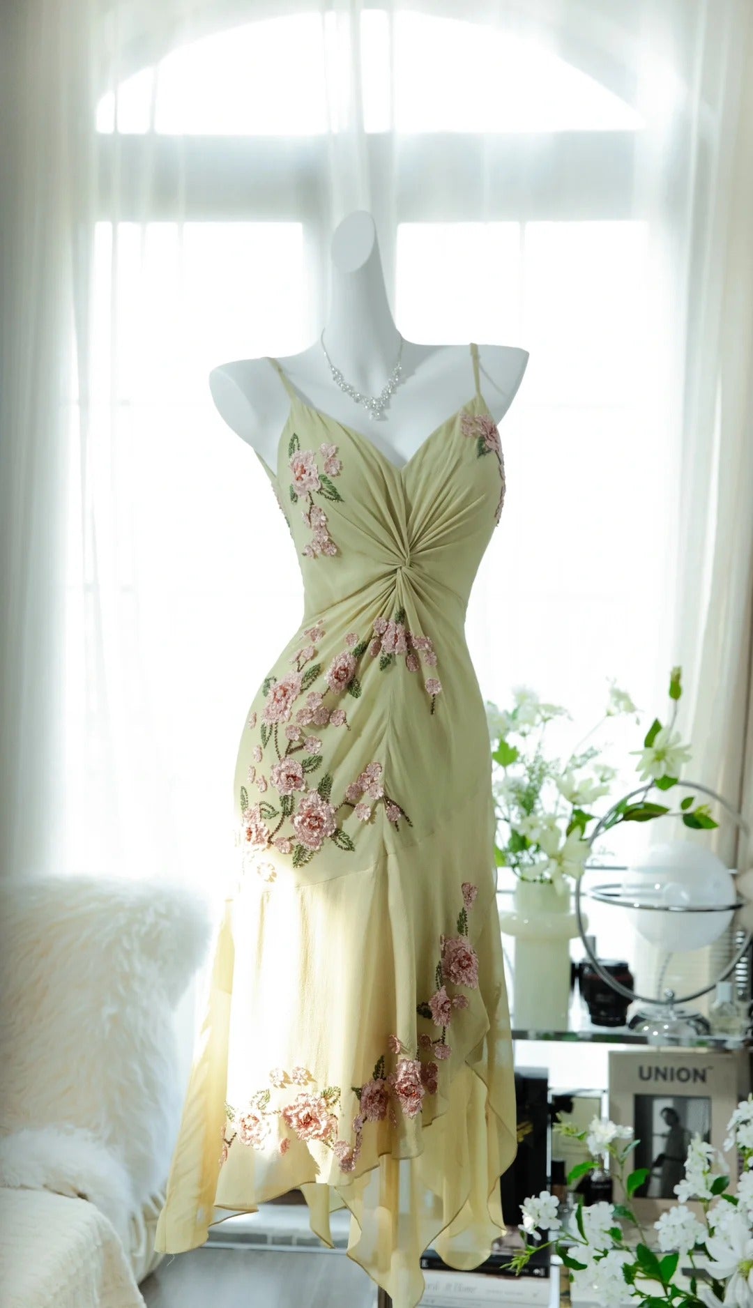 Yellow Elegant Romantic Delicate Pink Floral Beading Spaetti Straps Midi/Short Chiffon Homecoming Ball Gown Evening Dress Birthday/Wedding Guest/Holiday Party Dress Prom Dress 4023