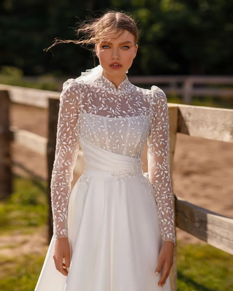 satin lace ivory bride bridal sexy a line wedding dress off white long sleeve formal ceremony summer beach light button train leaf drapery