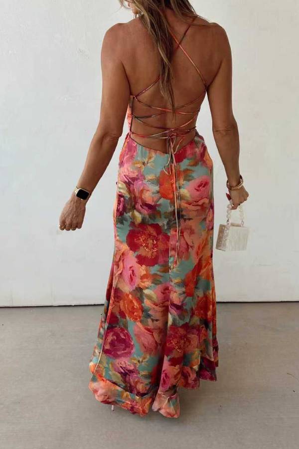 Oil Painting Floral Tie Backless Slit Satin Maxi Dress
