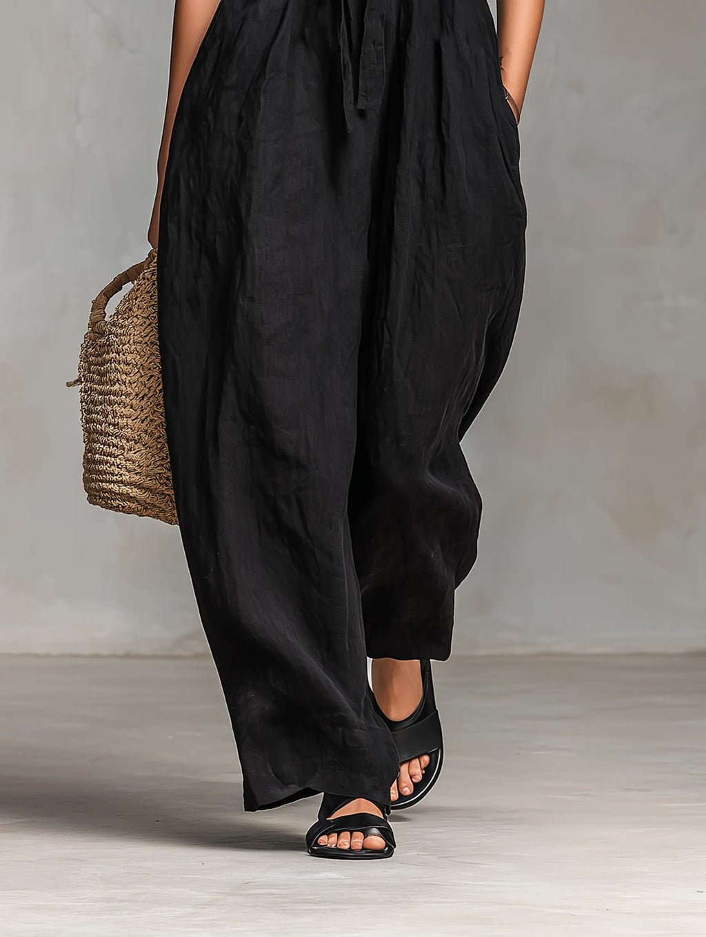 Black Minimalist Loose-fitting Faux Linen-blend Strapless Jumpsuit