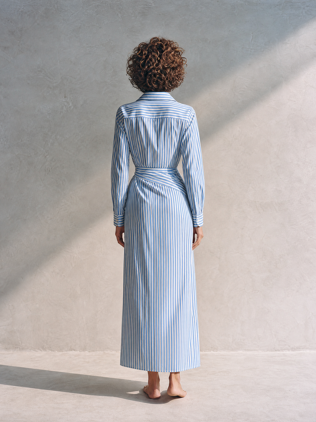 Women's Elegant Casual Blue & White Striped Collared Long-Sleeve Twist-Knot Front-Slit Shirt Midi Dress MDZ2200G8CMX