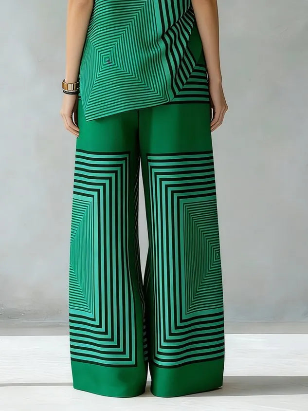Urban Geometric Stripe Wide Leg Pants High Waist Flowy Office Trousers