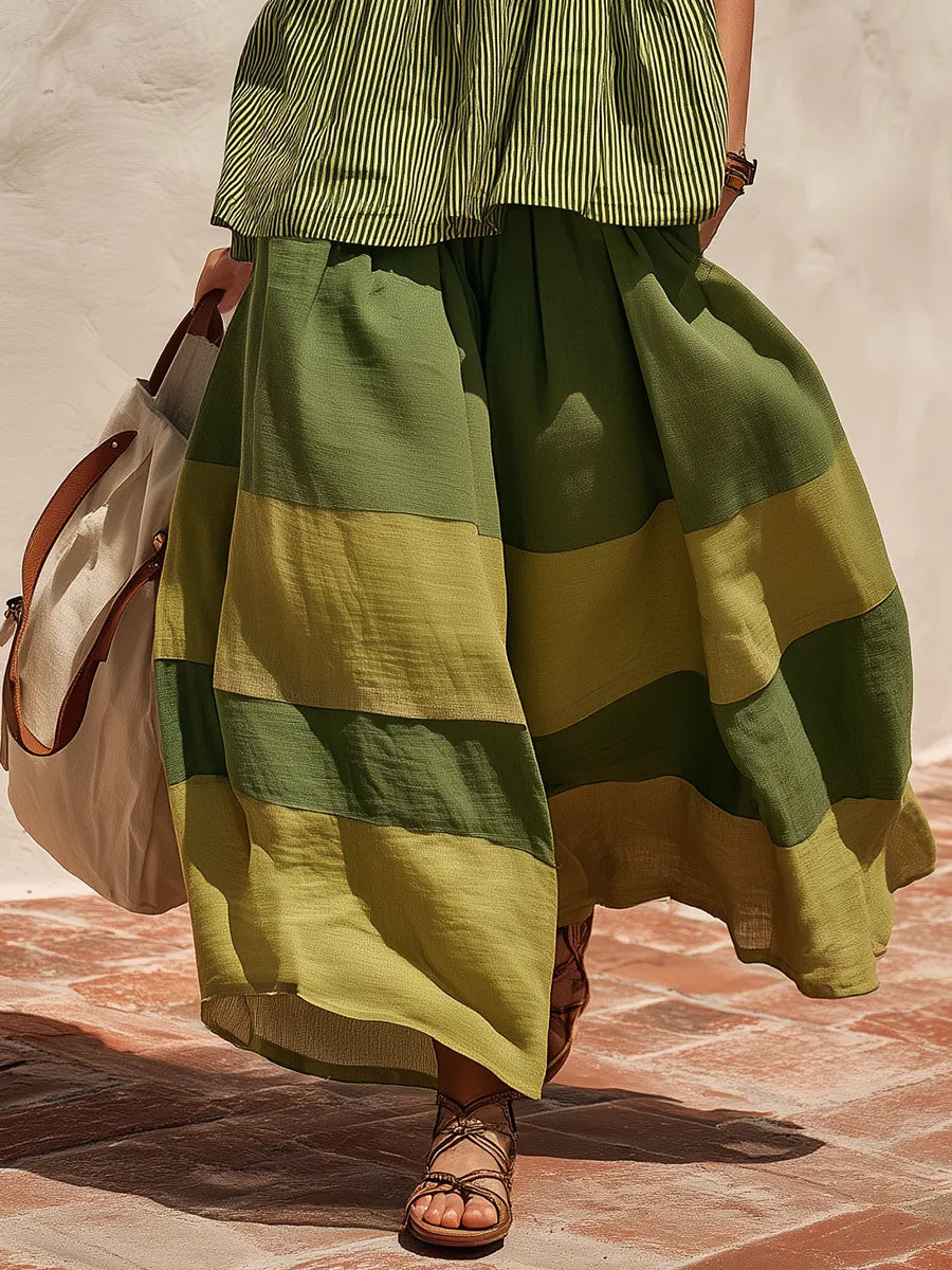 Retro-chic Striped Top And Color-blocked Wide-leg Pants