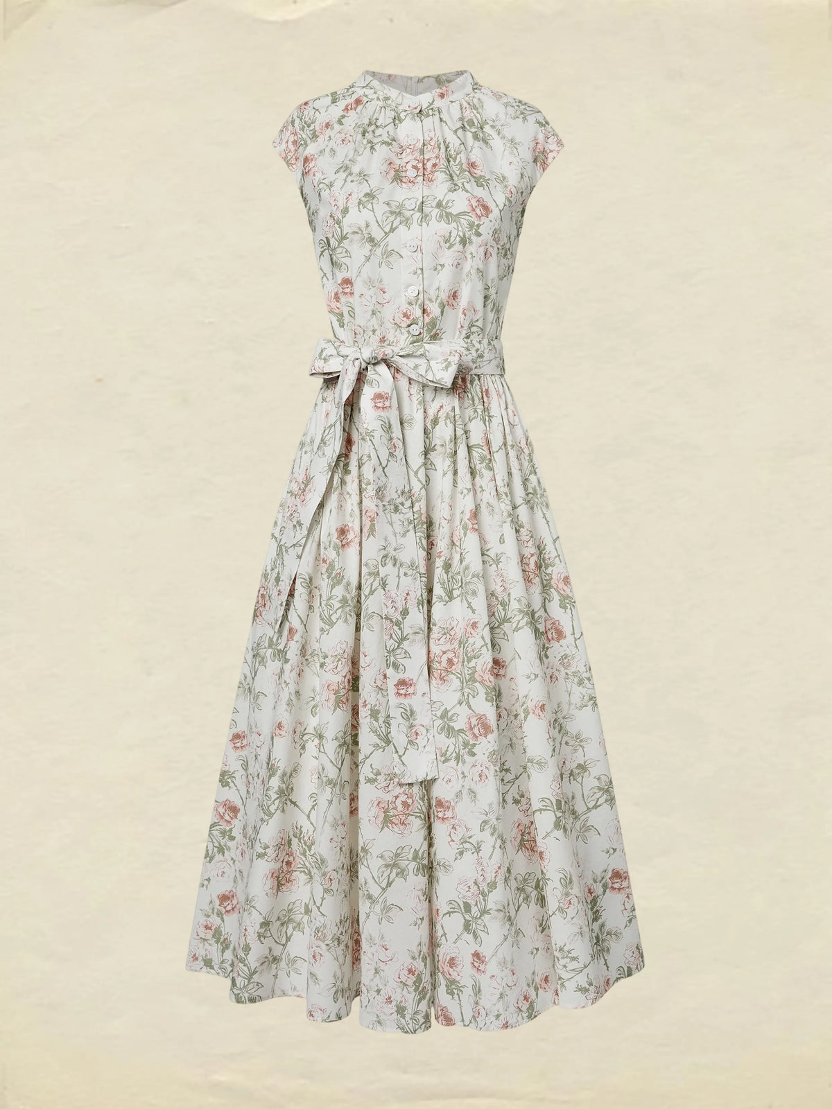 Midi Cotton Dress, Cap Sleeves, Round Neck, Floral, Belt Design, Vintage, Apricot