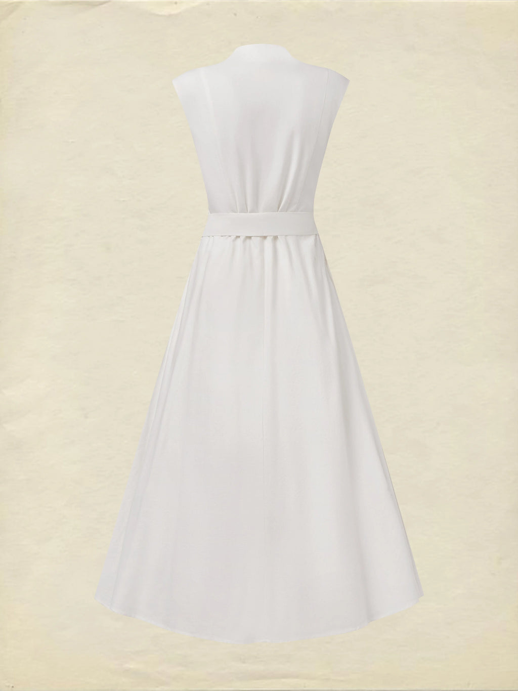 Midi Linen Dress , Sleeveless, V Neck, Plain, Belt Design, Vintage, White