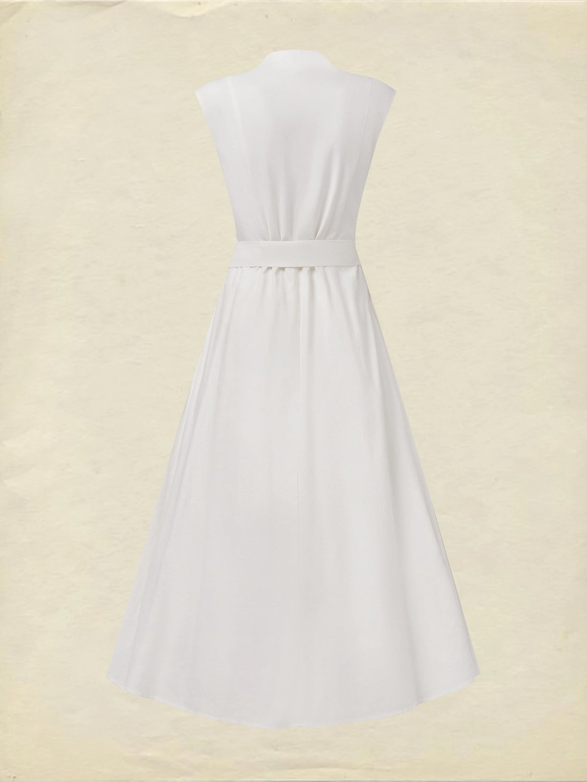 Midi Linen Dress , Sleeveless, V Neck, Plain, Belt Design, Vintage, White